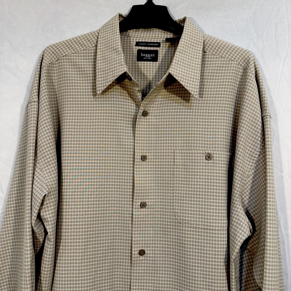 Men's Plaid Check Pattern Long Sleeve Button Shirt Microfiber Men's 2XL Preppy
